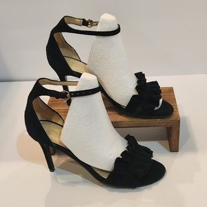 Marc Fisher Black Leather Ruffle Ankle Strap 3" Heels Cocktails Formal Size‎ 6
